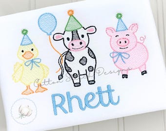 Farm Animal Birthday Sketch Stitch Machine Embroidery Design Digital Download