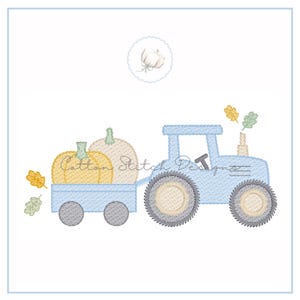May include: A light blue tractor pulling a wagon with two pumpkins. The tractor has large gray wheels and a small smokestack. The wagon contains a yellow and a cream-colored pumpkin. The image includes the text "Cotton Stitch Designs".
