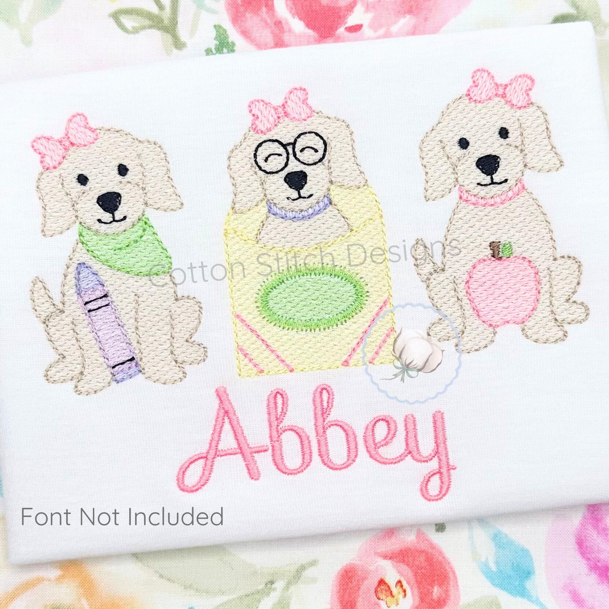 Back to School Girl Puppy Trio Embroidery Design, School Puppies Quick Stitch Sketch Fill Design, Lab Dog Embroidery Design