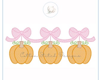 Calabazas colgantes de otoño con lazos, diseño de bordado a máquina con puntada de boceto, descarga digital