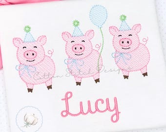 Schwein-Geburtstag-Trio Skizze Maschinenstickerei Design Digital Download
