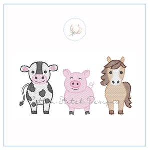 May include: Embroidered farm animal designs featuring a cow with black and white spots, a pink pig, and a tan horse. The designs are in a cartoon style, perfect for children's crafts or decor. The text "Stitch Designs" is visible.