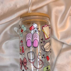 Glass Cups with Lid and Straw, Nurse Tumbler, Healthcare Worker, Iced Coffee Cups, Iced Matcha Cups, UV DTF, Gifts