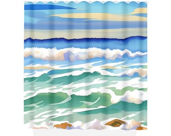 Abstract Ocean Shower Curtain, Coastal Beach Bath Mat Set, Design 300