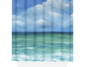 Shower Curtains, Ocean Curtain, Bath Mat, Bathroom, Sea View 273 Ocean Beach beachy blue art painting by L.Dumas