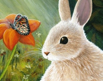 Laminated Fridge Magnet, Print, ACEO, Hare 55 Rabbit butterfly orange flower from art painting by L.Dumas