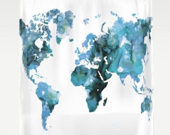 World Map Shower Curtain, Bathroom, Bath, Design 121 World Map Blue white Home Decor L.Dumas