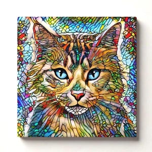 May include: A square canvas print featuring a stylized cat portrait. The artwork uses a stained glass effect with vibrant colors, including blue eyes, a red nose, and a mix of yellow, brown, and green hues. The cat's fur is detailed with intricate patterns.