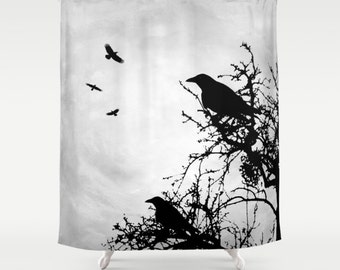 Shower Curtains, Art Shower Curtain, Bath Mat, Bathroom Bath Crow Raven Tree Design 43 Grey black Home Decor L.Dumas