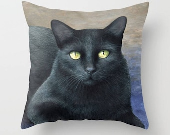 Throw Pillow, Cushion Case, Cat pillow Cover, black Cat 621 blue light brown art painting by L.Dumas