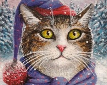 Laminated Fridge Magnet Print ACEO Cat 629 631 642 winter snow from art painting by L.Dumas