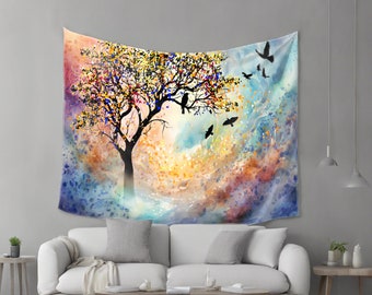 Wall Tapestry, Wall Hanging, Crows on Tree Tapestry, Landscape 480 Birds Home Decor art L.Dumas