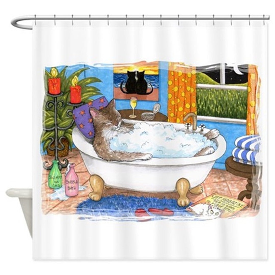 Funny Shower Curtains, Cat Shower Curtain, Bathroom Art, Bath, Cat 567