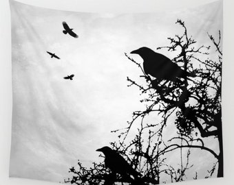 Wall Tapestry, Wall Hanging, Gray Tapestry, Crow Tapestry, Design 43 Bird Crow Raven tree Grey black modern Home Decor art L.Dumas
