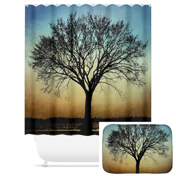 Shower Curtains, Tree Shower Curtain, Brown Blue Shower curtain, Bath mat, Design 178 Tree silhouette Home Decor L.Dumas