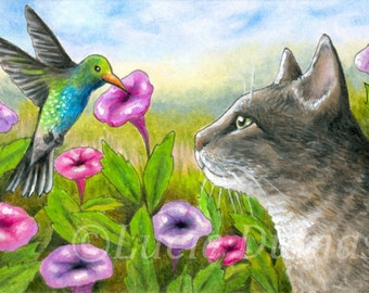 Laminated Fridge Magnet Print ACEO Cat 591 Bird Hummingbird from art painting by L.Dumas