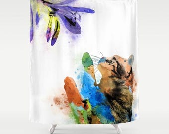 Shower Curtains, Art Shower Curtain Bathroom Bath Cat 610 blue green brown purple Home Decor L.Dumas