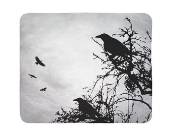 Birds Fleece Sherpa Blanket Crow Raven Gray Black Silhouette Design 43