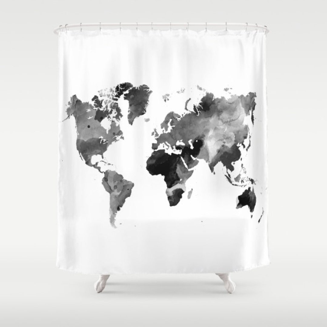 Shower Curtains, World Map Shower Curtain, Bath Mat, Gray Shower