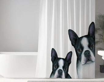 Dog Shower Curtains, Curtain, Bath Mat, Bathroom, Boston Terrier Dog 128 black white art by L.Dumas