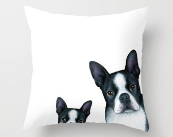 Dog Throw Pillow, Boston Terrier Pillow, Cushion case, Dog 128 Boston Terrier Black White from art painting L.Dumas