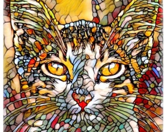 Ceramic Tile, 6x6 or 8x8 inches, Mosaic style Cat 697 multicolor print of digital art painting by Lucie Dumas