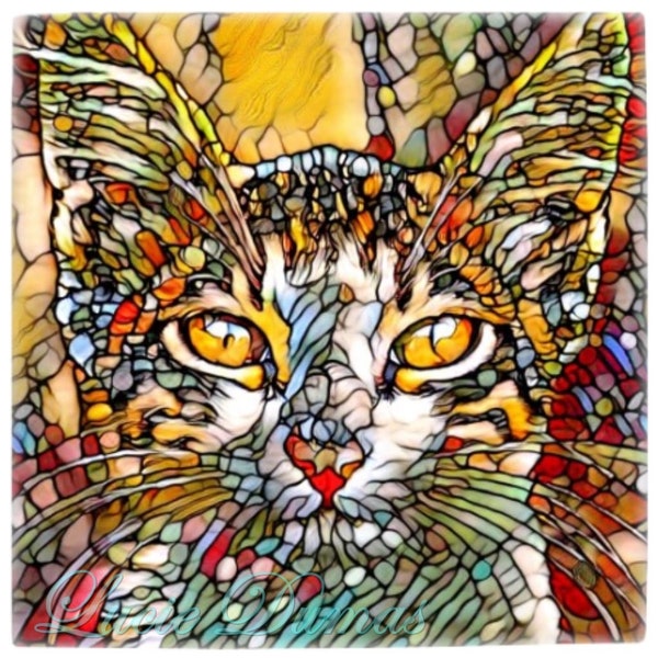 Ceramic Tile, 6x6 or 8x8 inches, Mosaic style Cat 697 multicolor print of digital art painting by Lucie Dumas