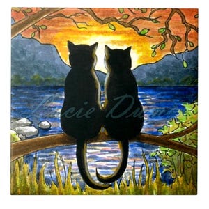 Cat Ceramic Tile, 4.25x4.25, 6x6 or 8x8 inches, Cat 582 black cat sunset nature, backsplash, art painting by Lucie Dumas