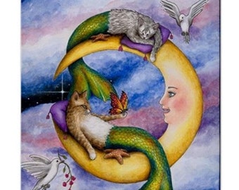 Ceramic Tile, 6x6 or 8x8 inches, Cat Mermaid 29, moon, fantasy art painting by Lucie Dumas