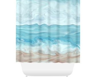 Beach Shower Curtain, Blue Ocean View, Modern Bathroom Decor