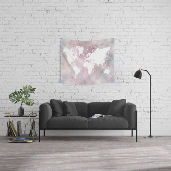 Wall Tapestry World Map Tapestry Wall Hanging Design 66 World Map Continents Light Pink Grey Home Decor Art L.dumas Etsy