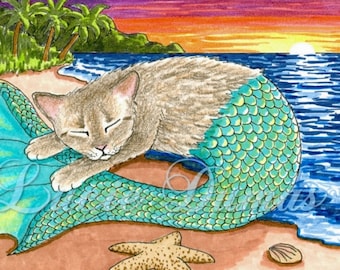 Laminated Fridge Magnet, Print, ACEO, Cat Mermaid 23 Ocean Sea from art painting by L.Dumas