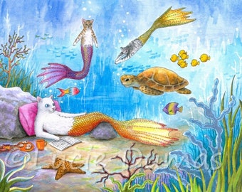 Laminated Fridge Magnet, Cat Mermaid Magnet, Print ACEO Cat Mermaid 31 from fantasy art painting by L.Dumas
