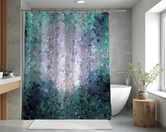 May include: A shower curtain featuring a stained glass mosaic pattern in shades of teal, deep blue, and white. The design consists of irregular geometric shapes that create a gradient effect, transitioning from dark edges to a bright center.