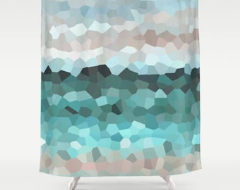 Shower Curtains, Mosaic Shower Curtain, Bath Mat Design 86 mosaic aqua blue tan sand beach beachy ocean sea art painting by L.Dumas