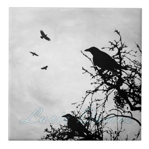 Crow Raven Silhouette Ceramic Tile Art, Lucie Dumas Design