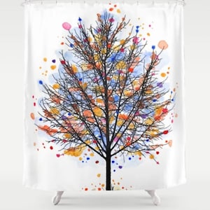 Shower Curtains, Tree Curtain, Bath Mat, Bathroom, Landscape 470 Multicolor Tree watercolor art painting by L.Dumas