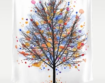 Shower Curtains, Tree Curtain, Bath Mat, Bathroom, Landscape 470 Multicolor Tree watercolor art painting by L.Dumas