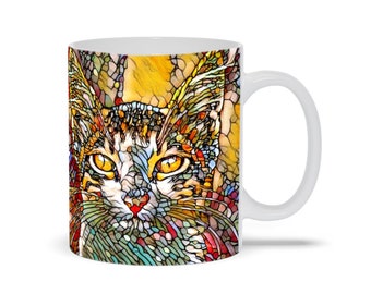 Coffee Mug Cup Art Multicolor Cat 697 11oz or 15oz Mosaic  style digital art by L.Dumas