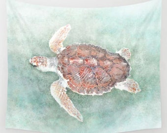 Wall Tapestry, Wall Hanging, Sea Turtle Tapestry, Green Tapestry, Turtle 2 ocean beach sea Home Decor art L.Dumas