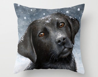 Black Labrador Throw Pillow, black lab, Cushion Case, Dog 100 Snow from art painting L.Dumas