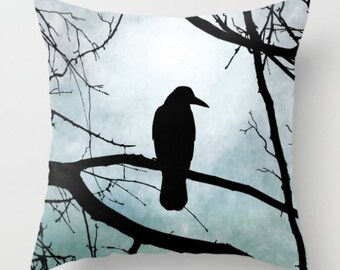 Throw Pillow, Cushion Case, Crow pillow Cover, Indoor Outdoor Bird 77 Crow Raven moon blue black by L.Dumas