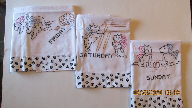 Scottie Dogs Hand Embroidered Muslin Dish Towels Set of 7 #Item 138