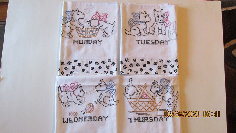 Scottie Dogs Hand Embroidered Muslin Dish Towels Set of 7 #Item 138