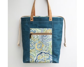 Waxed Canvas and Cork Expandable Drawstring Tote - Blue with Paisley Print - Ready to Ship USA
