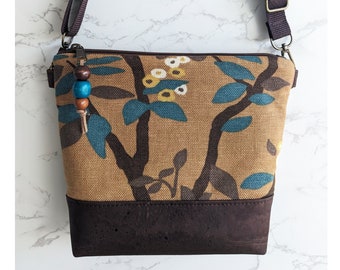 Botanical Crossbody Shoulder Bag in Caramel Chocolate Teal  with Adjustable Strap Brown Cork Accent Beads Zipper Closure - Ready to ship