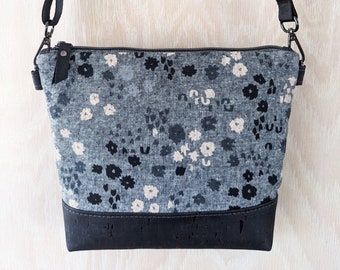 Charcoal Gray Linen Floral Crossbody Shoulder Bag with Adjustable Strap Black Cork Accents Practical Zipper Closure - Ready to ship