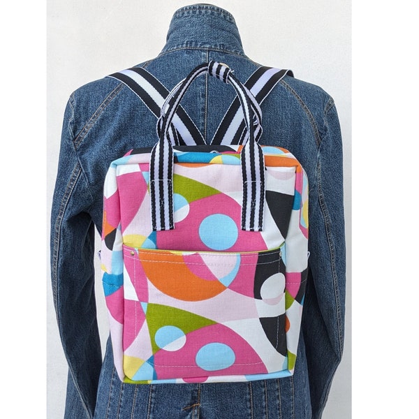 Bright Colorful Backpack Rucksack Shapes with Striped Webbing adjustable straps - Fun Cute Print Spring Summer School pack Book Bag