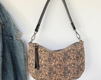 Lace Print Cork Hobo Bag with Leather Strap - Sustainable Purse