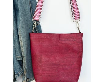 Large Cork Fabric Bucket Bag: Burgundy Berry Wine Crossbody Tote